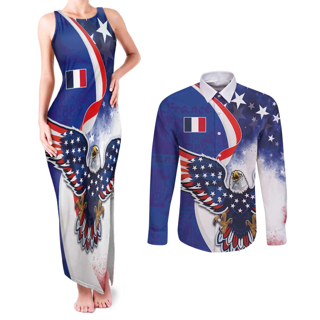 French American Heritage Month Couples Matching Tank Maxi Dress and Long Sleeve Button Shirt USA Eagle and France Urban Paris National Flag Style