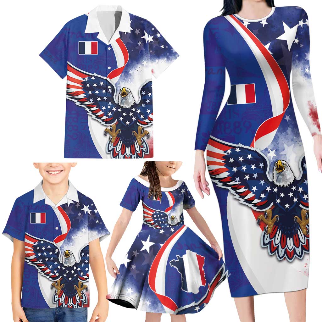 French American Heritage Month Family Matching Long Sleeve Bodycon Dress and Hawaiian Shirt USA Eagle and France Urban Paris National Flag Style