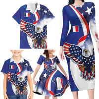 French American Heritage Month Family Matching Long Sleeve Bodycon Dress and Hawaiian Shirt USA Eagle and France Urban Paris National Flag Style
