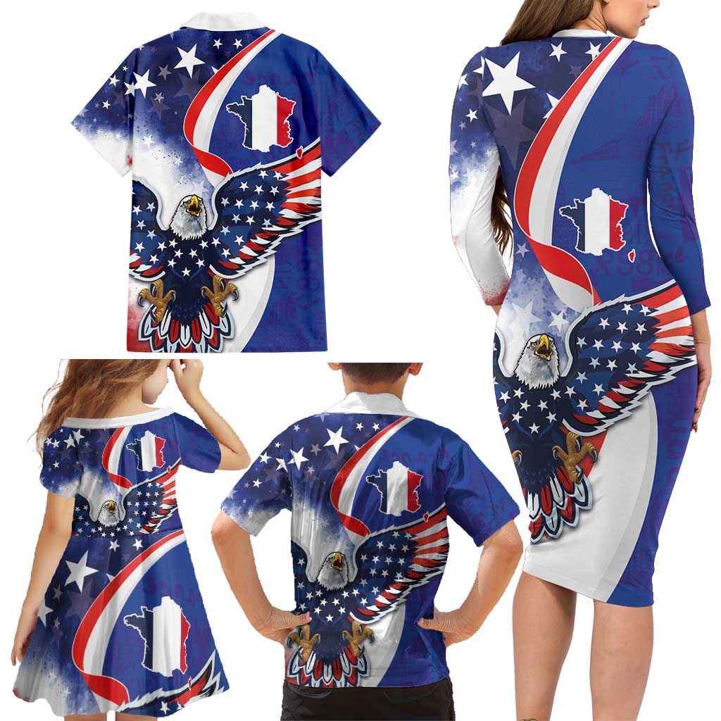 French American Heritage Month Family Matching Long Sleeve Bodycon Dress and Hawaiian Shirt USA Eagle and France Urban Paris National Flag Style