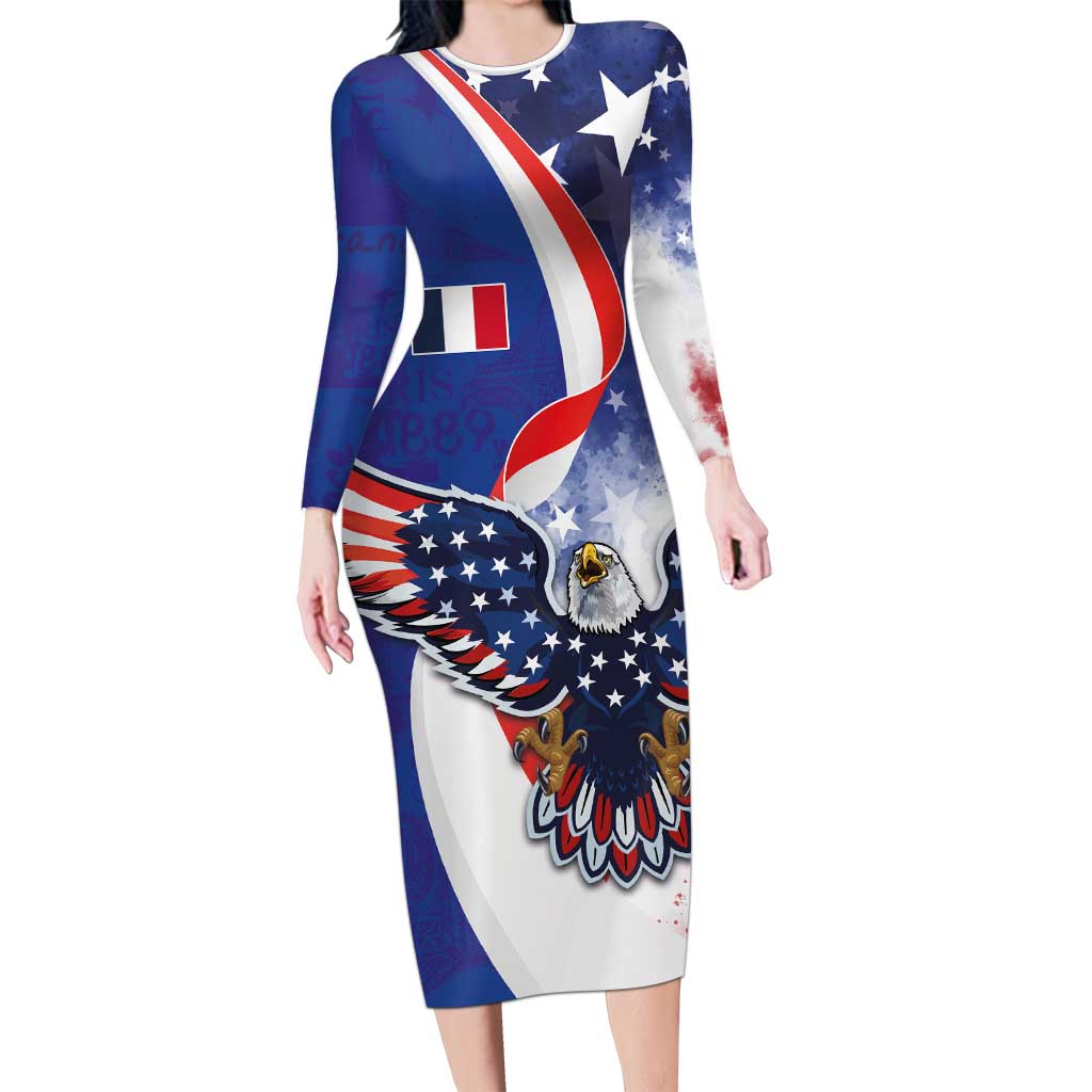French American Heritage Month Family Matching Long Sleeve Bodycon Dress and Hawaiian Shirt USA Eagle and France Urban Paris National Flag Style