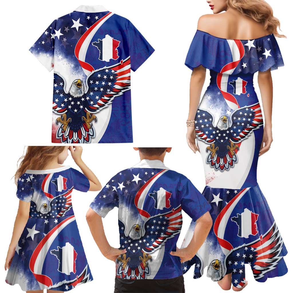 French American Heritage Month Family Matching Mermaid Dress and Hawaiian Shirt USA Eagle and France Urban Paris National Flag Style