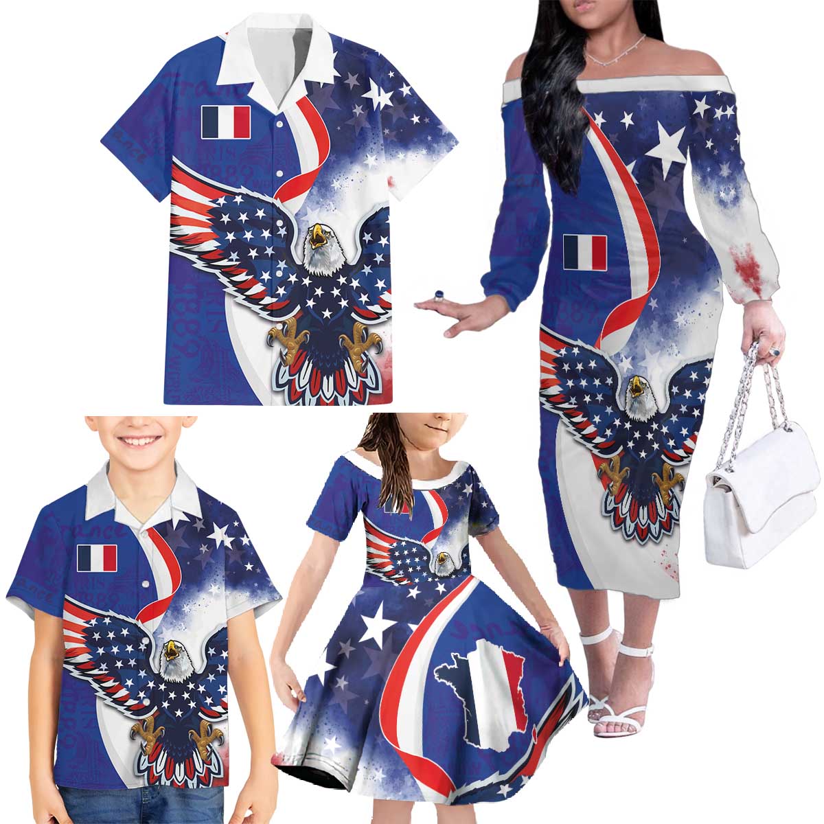 French American Heritage Month Family Matching Off The Shoulder Long Sleeve Dress and Hawaiian Shirt USA Eagle and France Urban Paris National Flag Style