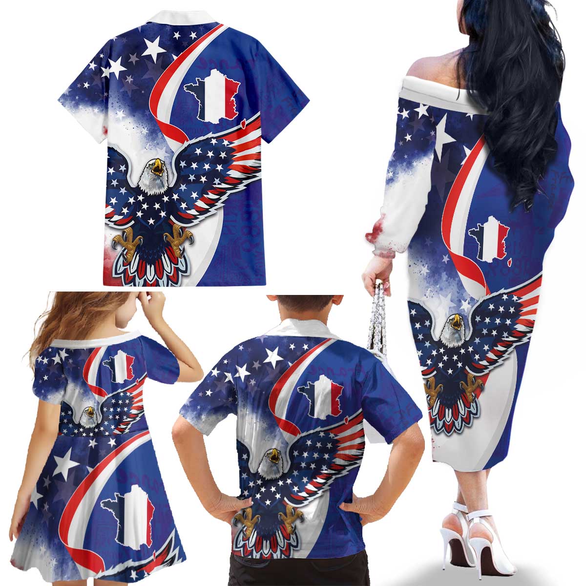 French American Heritage Month Family Matching Off The Shoulder Long Sleeve Dress and Hawaiian Shirt USA Eagle and France Urban Paris National Flag Style