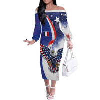 French American Heritage Month Family Matching Off The Shoulder Long Sleeve Dress and Hawaiian Shirt USA Eagle and France Urban Paris National Flag Style