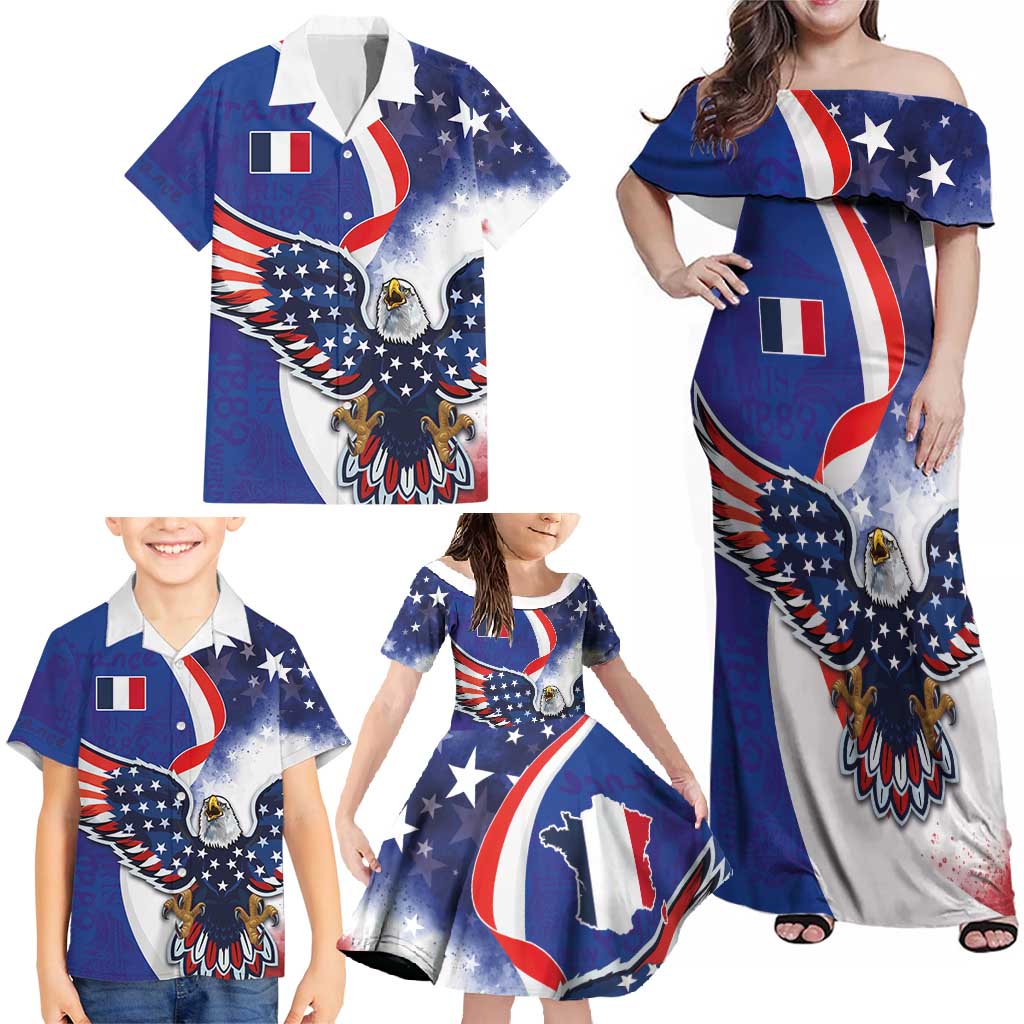 French American Heritage Month Family Matching Off Shoulder Maxi Dress and Hawaiian Shirt USA Eagle and France Urban Paris National Flag Style