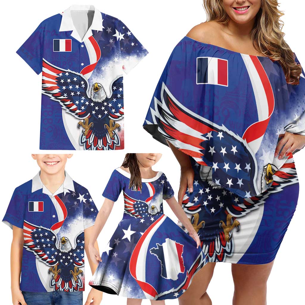 French American Heritage Month Family Matching Off Shoulder Short Dress and Hawaiian Shirt USA Eagle and France Urban Paris National Flag Style