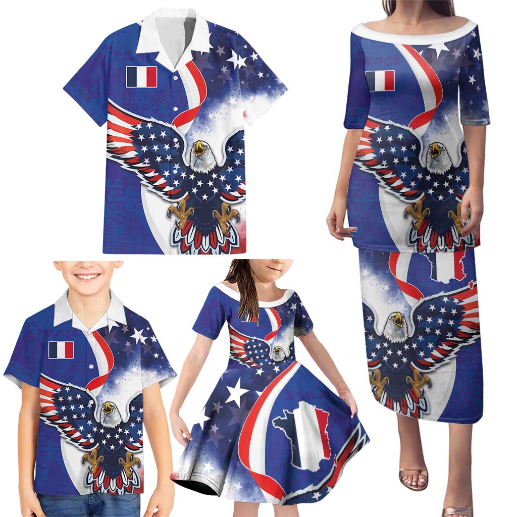 French American Heritage Month Family Matching Puletasi and Hawaiian Shirt USA Eagle and France Urban Paris National Flag Style
