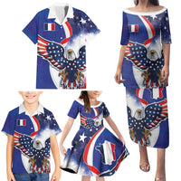 French American Heritage Month Family Matching Puletasi and Hawaiian Shirt USA Eagle and France Urban Paris National Flag Style