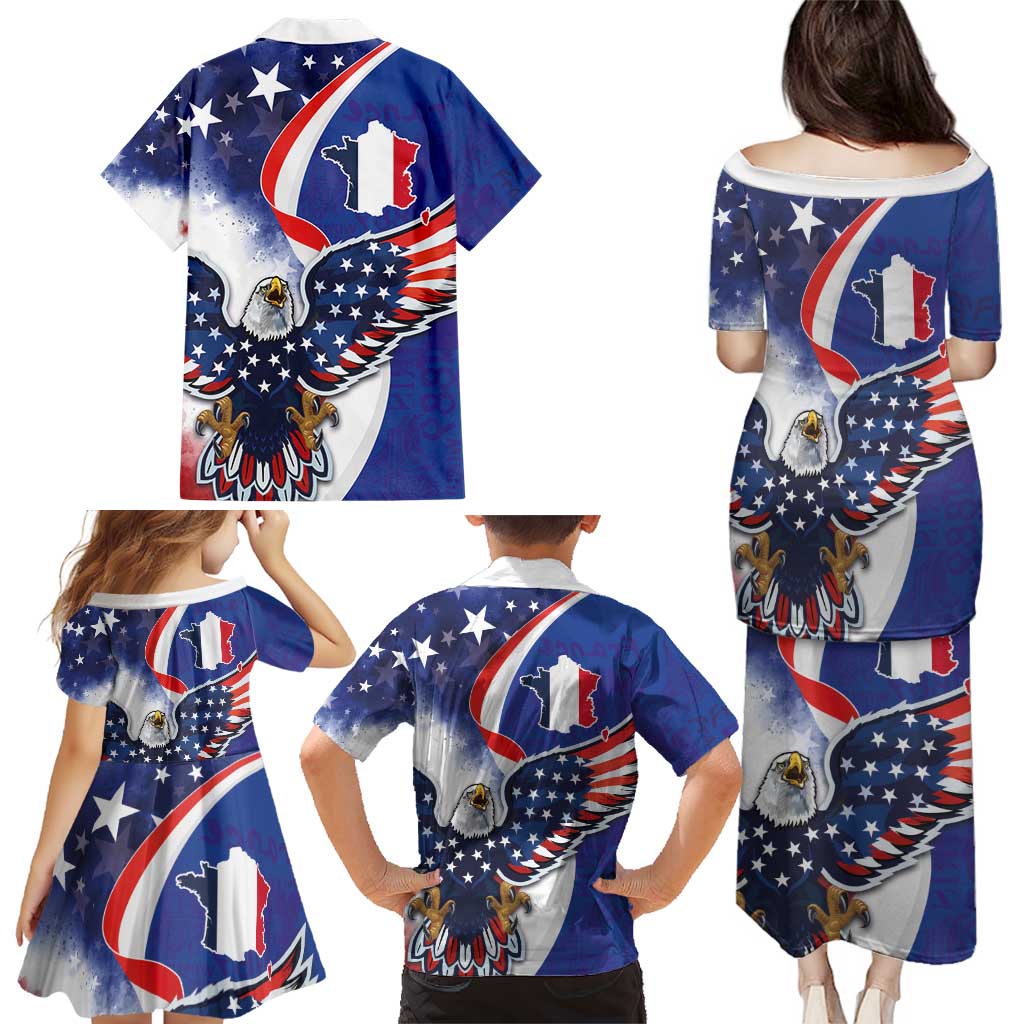 French American Heritage Month Family Matching Puletasi and Hawaiian Shirt USA Eagle and France Urban Paris National Flag Style
