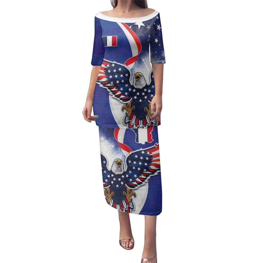 French American Heritage Month Family Matching Puletasi and Hawaiian Shirt USA Eagle and France Urban Paris National Flag Style