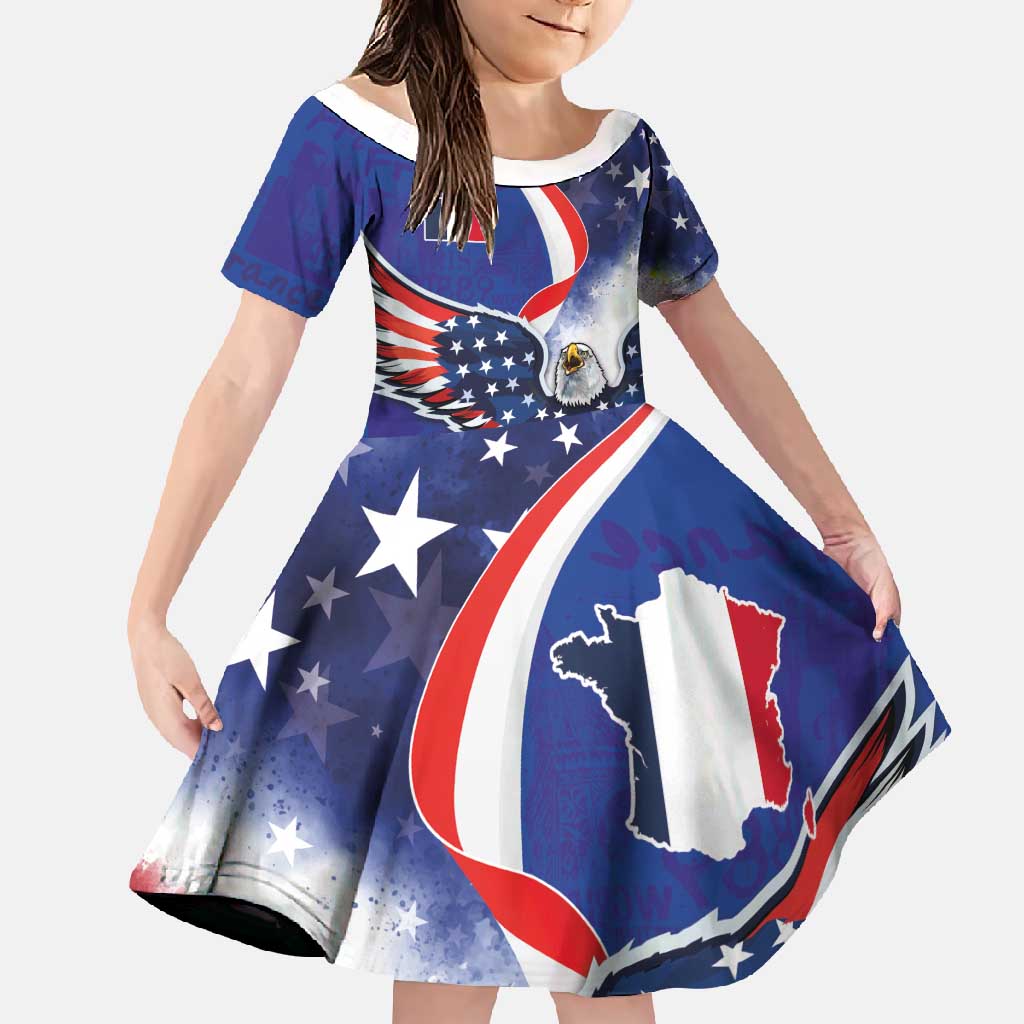 French American Heritage Month Family Matching Short Sleeve Bodycon Dress and Hawaiian Shirt USA Eagle and France Urban Paris National Flag Style
