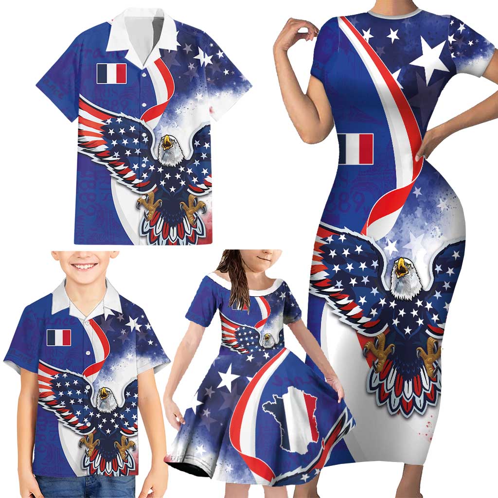 French American Heritage Month Family Matching Short Sleeve Bodycon Dress and Hawaiian Shirt USA Eagle and France Urban Paris National Flag Style