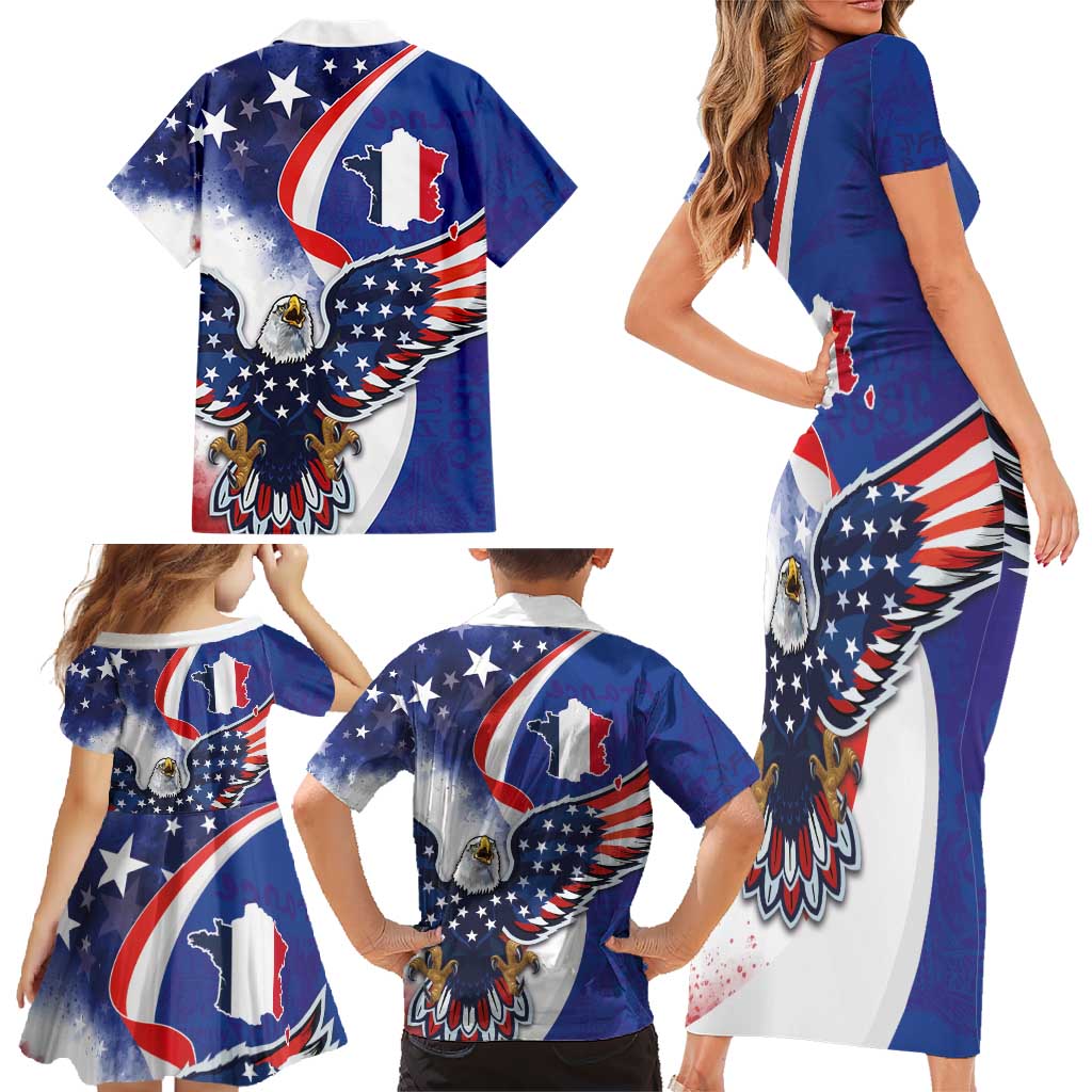 French American Heritage Month Family Matching Short Sleeve Bodycon Dress and Hawaiian Shirt USA Eagle and France Urban Paris National Flag Style