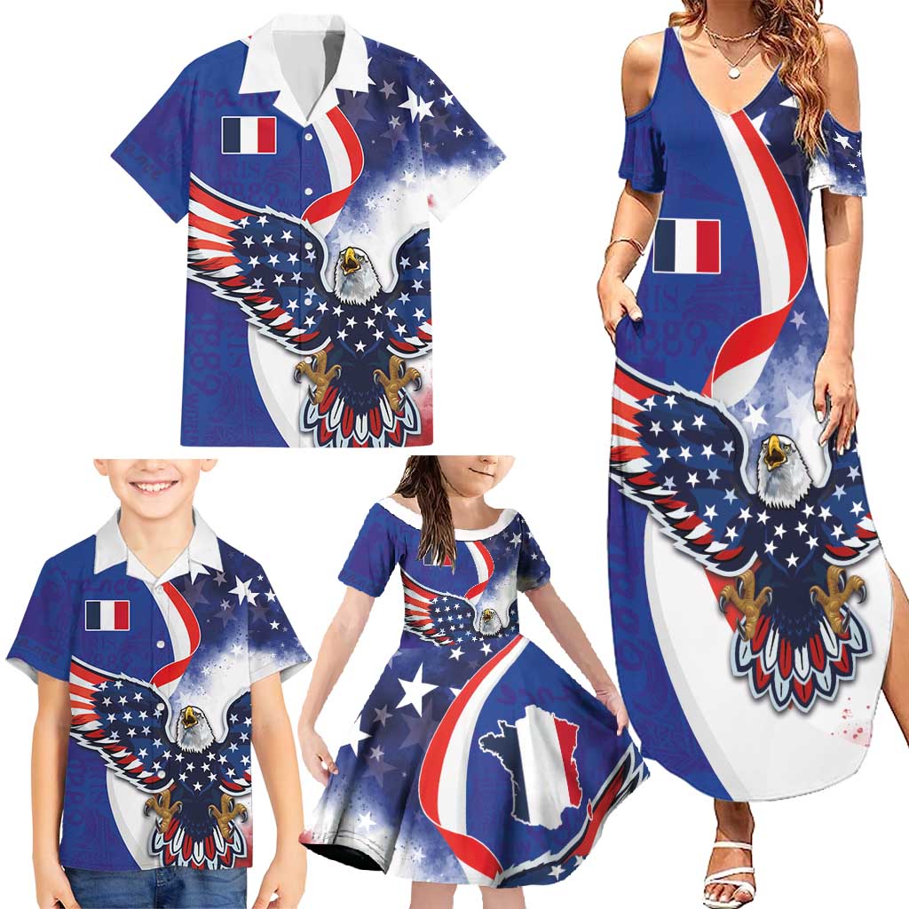 French American Heritage Month Family Matching Summer Maxi Dress and Hawaiian Shirt USA Eagle and France Urban Paris National Flag Style