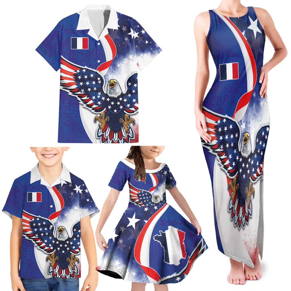 French American Heritage Month Family Matching Tank Maxi Dress and Hawaiian Shirt USA Eagle and France Urban Paris National Flag Style