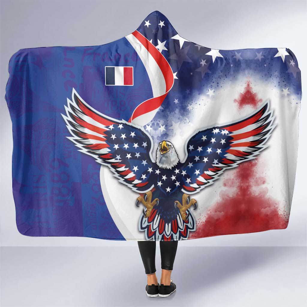 French American Heritage Month Hooded Blanket USA Eagle and France Urban Paris National Flag Style