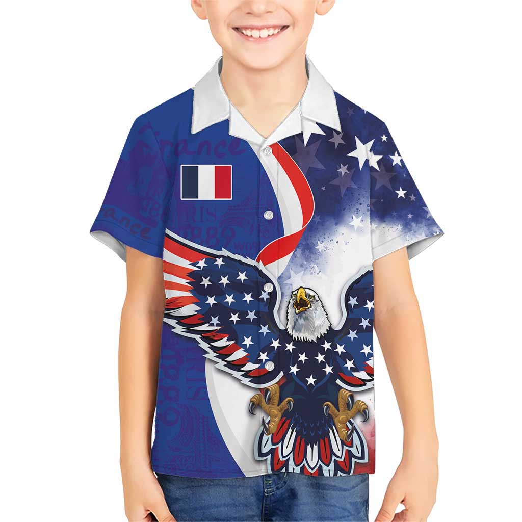 French American Heritage Month Kid Hawaiian Shirt USA Eagle and France Urban Paris National Flag Style