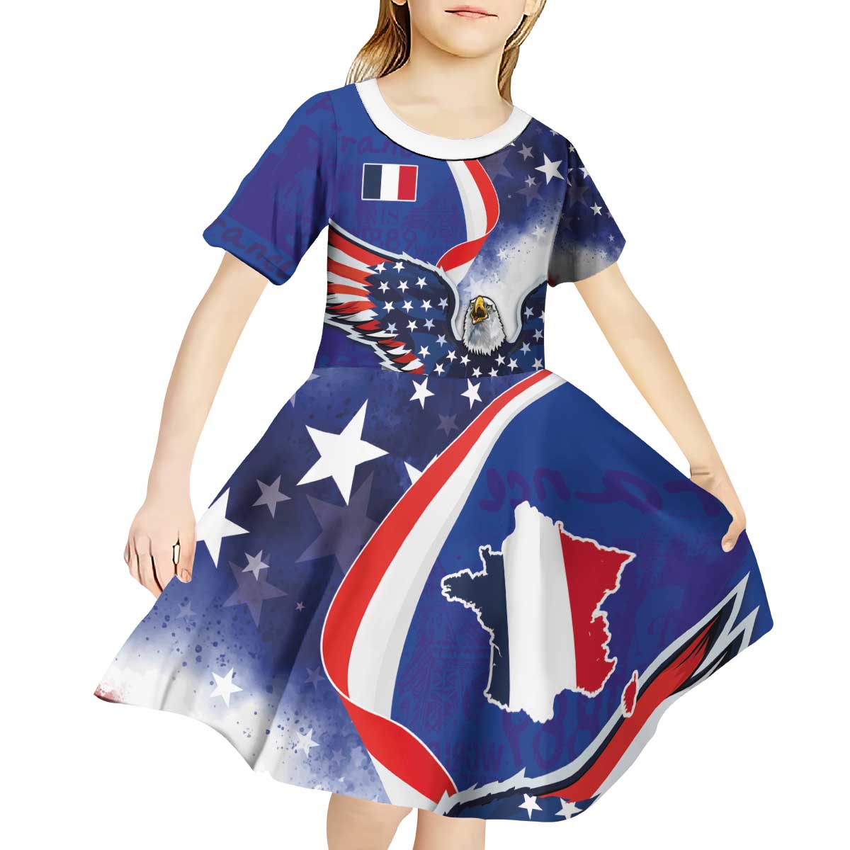 French American Heritage Month Kid Short Sleeve Dress USA Eagle and France Urban Paris National Flag Style