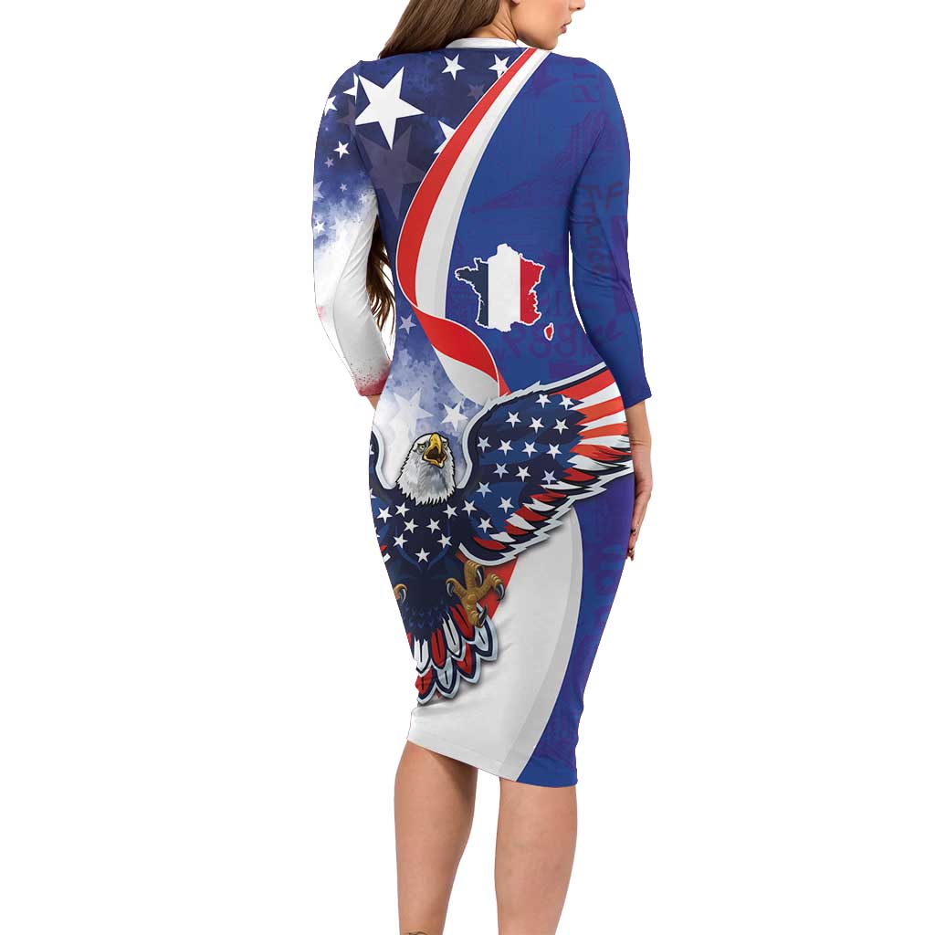 French American Heritage Month Long Sleeve Bodycon Dress USA Eagle and France Urban Paris National Flag Style