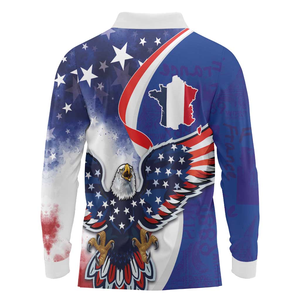 French American Heritage Month Long Sleeve Polo Shirt USA Eagle and France Urban Paris National Flag Style