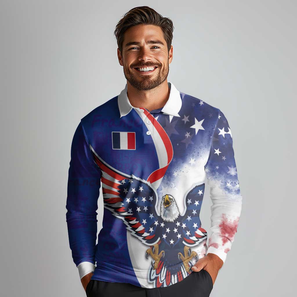 French American Heritage Month Long Sleeve Polo Shirt USA Eagle and France Urban Paris National Flag Style
