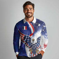 French American Heritage Month Long Sleeve Polo Shirt USA Eagle and France Urban Paris National Flag Style