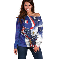 French American Heritage Month Off Shoulder Sweater USA Eagle and France Urban Paris National Flag Style