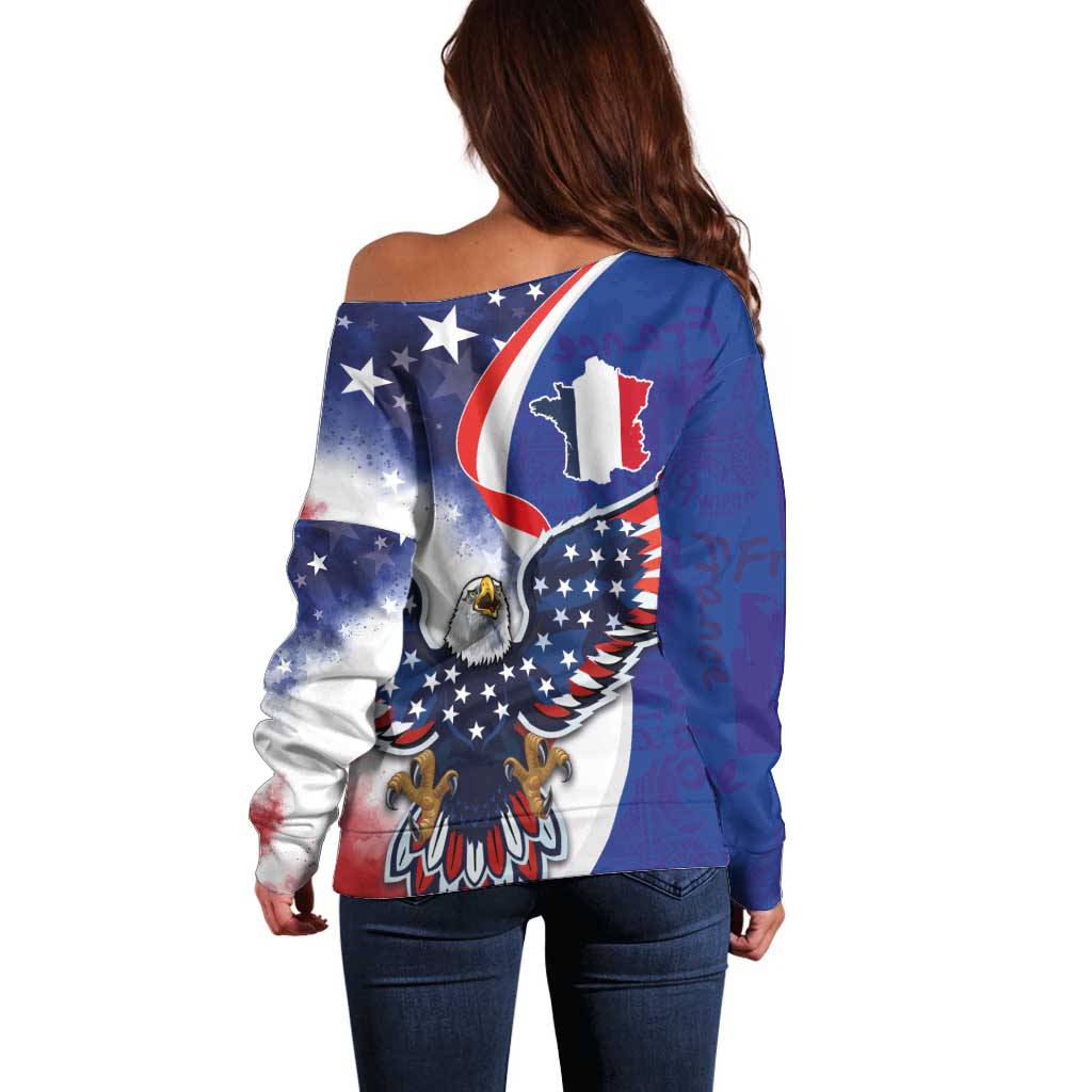 French American Heritage Month Off Shoulder Sweater USA Eagle and France Urban Paris National Flag Style