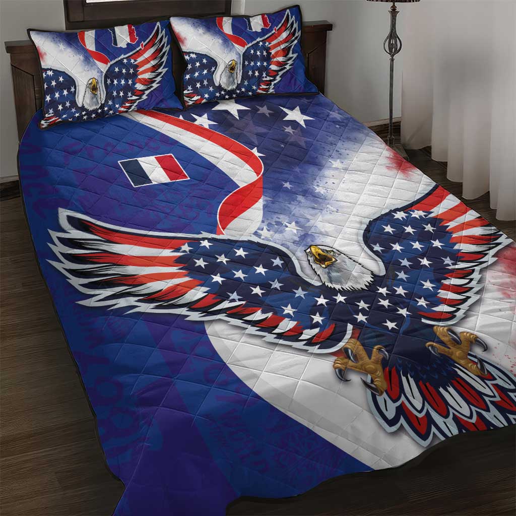 French American Heritage Month Quilt Bed Set USA Eagle and France Urban Paris National Flag Style