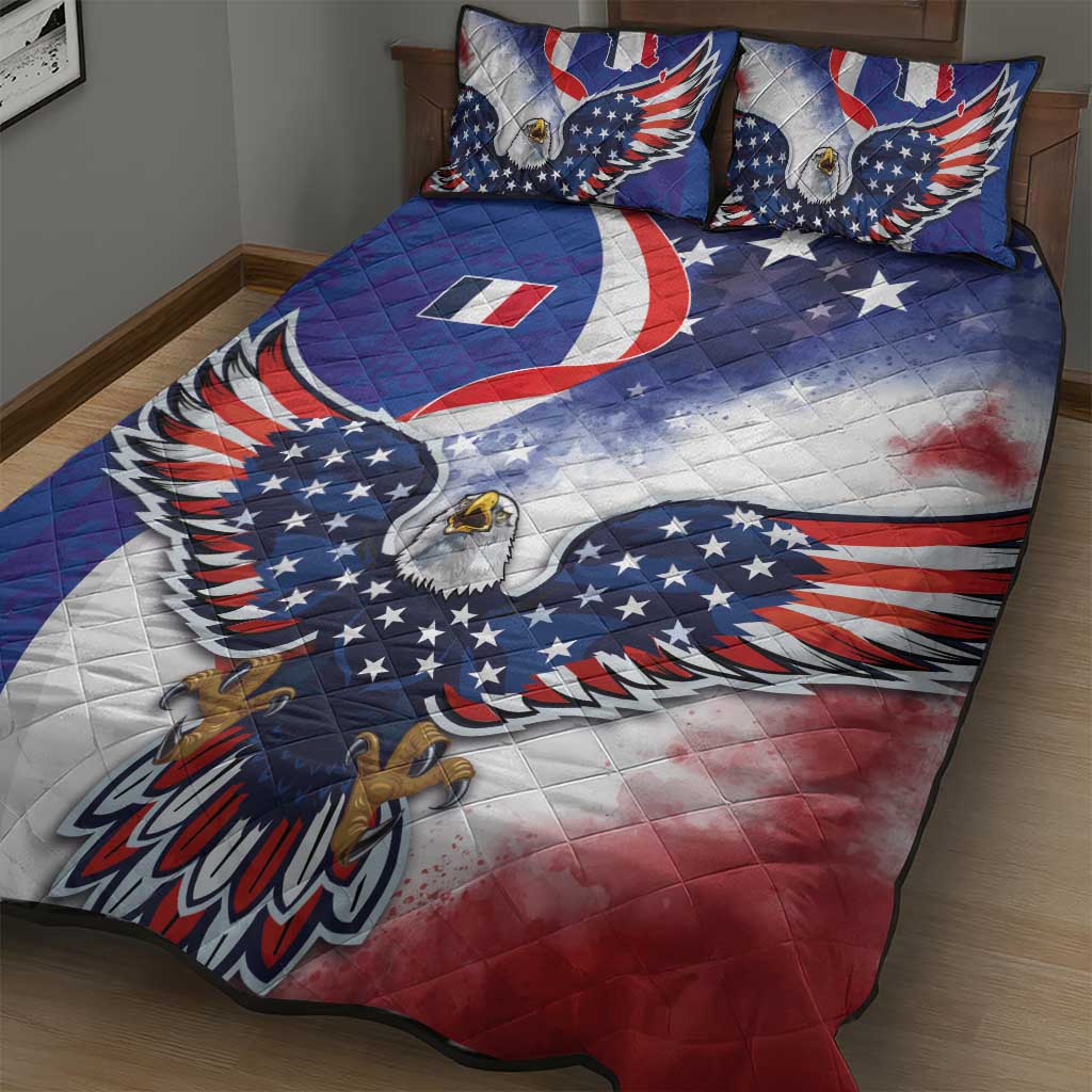 French American Heritage Month Quilt Bed Set USA Eagle and France Urban Paris National Flag Style