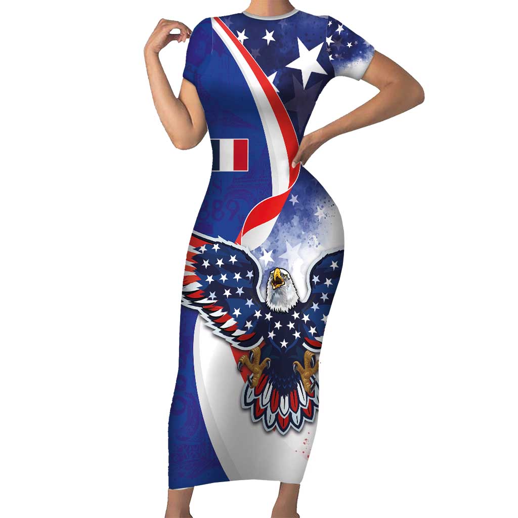 French American Heritage Month Short Sleeve Bodycon Dress USA Eagle and France Urban Paris National Flag Style