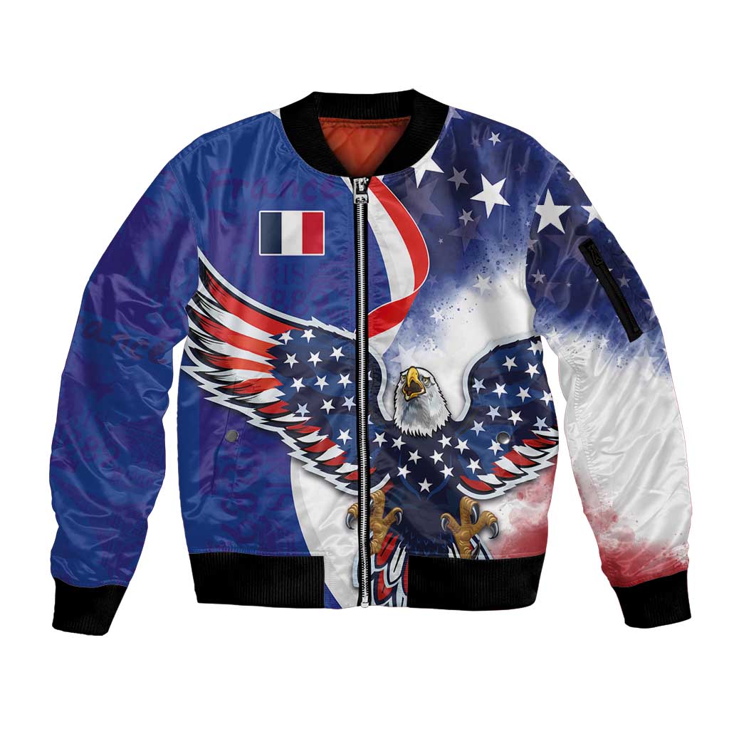 French American Heritage Month Sleeve Zip Bomber Jacket USA Eagle and France Urban Paris National Flag Style