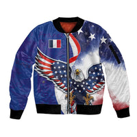 French American Heritage Month Sleeve Zip Bomber Jacket USA Eagle and France Urban Paris National Flag Style