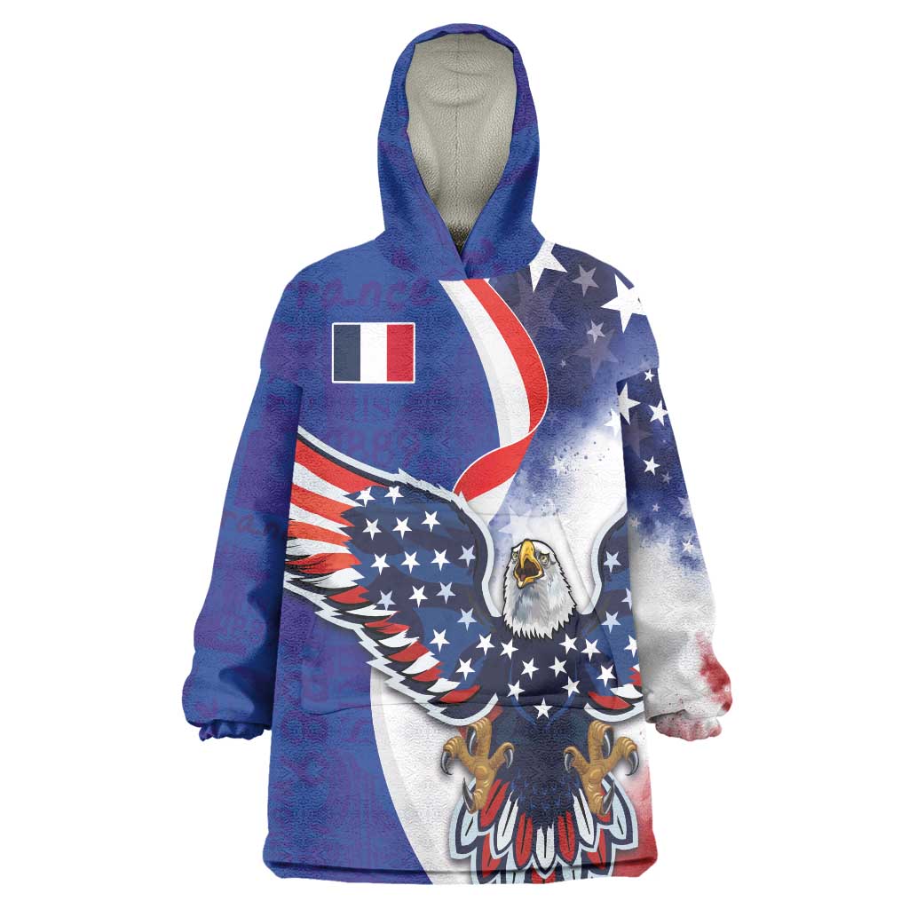 French American Heritage Month Wearable Blanket Hoodie USA Eagle and France Urban Paris National Flag Style