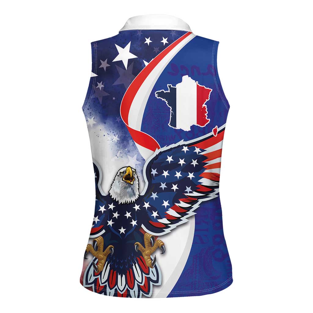 French American Heritage Month Women Sleeveless Polo Shirt USA Eagle and France Urban Paris National Flag Style