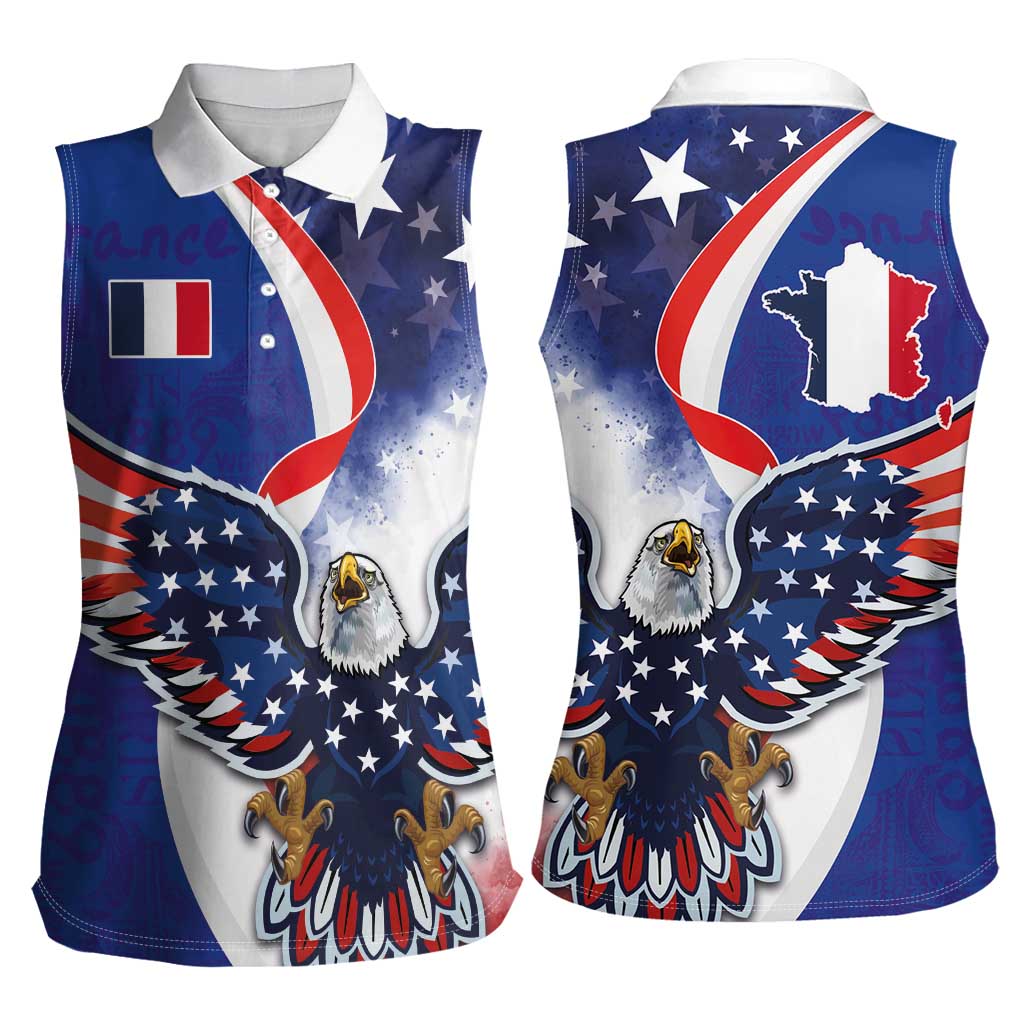 French American Heritage Month Women Sleeveless Polo Shirt USA Eagle and France Urban Paris National Flag Style