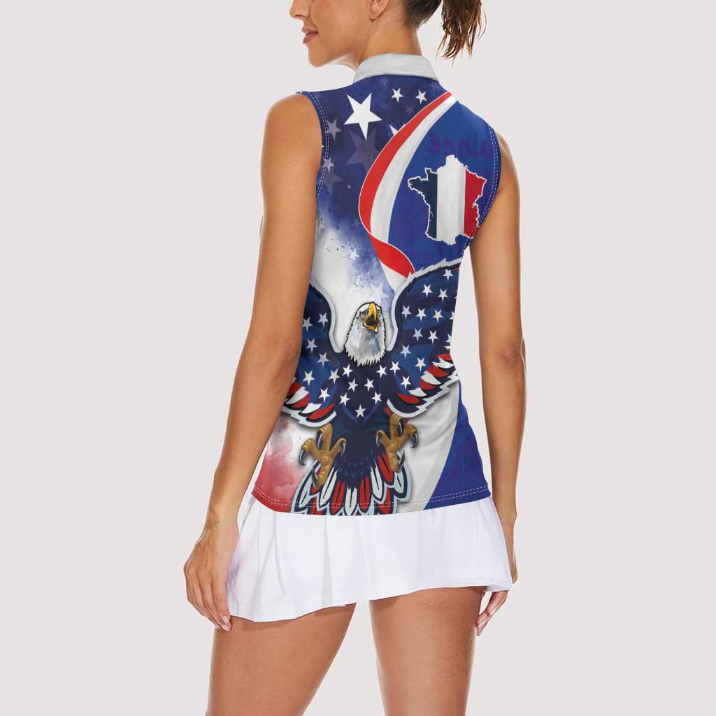 French American Heritage Month Women Sleeveless Polo Shirt USA Eagle and France Urban Paris National Flag Style