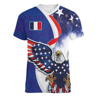French American Heritage Month Women V-Neck T-Shirt USA Eagle and France Urban Paris National Flag Style