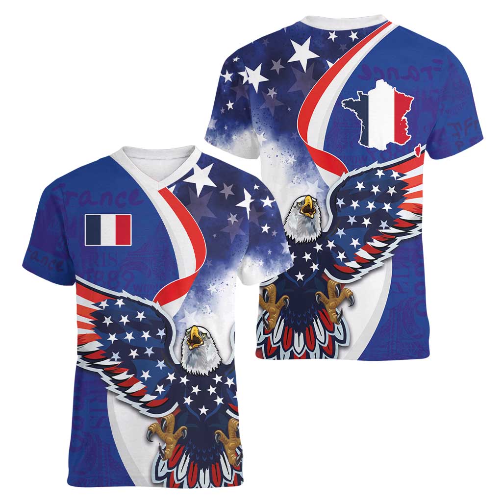 French American Heritage Month Women V-Neck T-Shirt USA Eagle and France Urban Paris National Flag Style