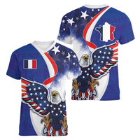 French American Heritage Month Women V-Neck T-Shirt USA Eagle and France Urban Paris National Flag Style