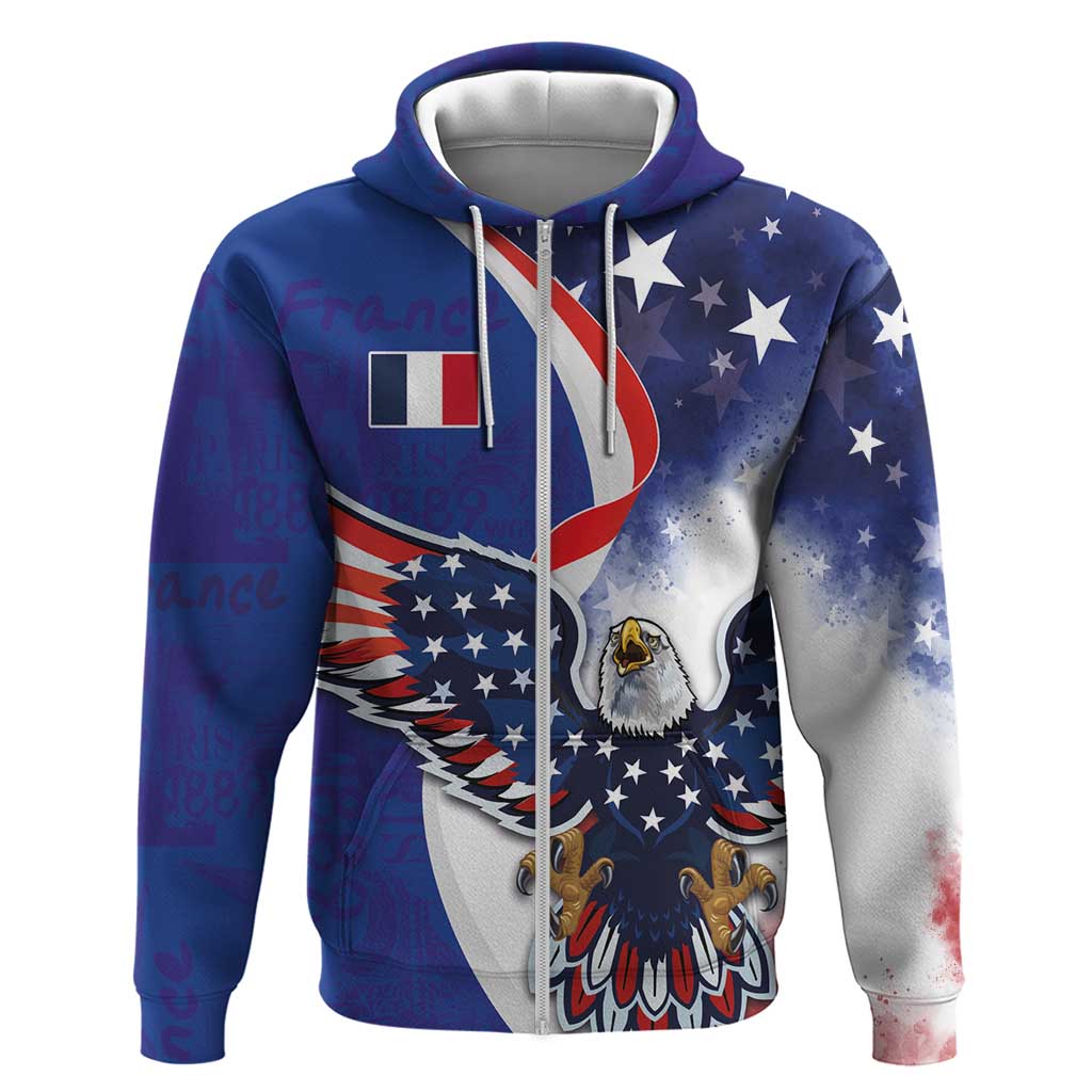 French American Heritage Month Zip Hoodie USA Eagle and France Urban Paris National Flag Style