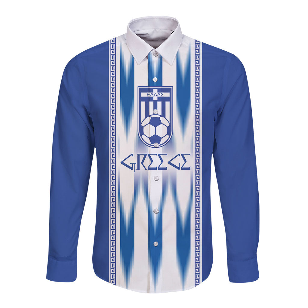 Greece National Football Custom Long Sleeve Button Shirt Greek Key Sporty Style
