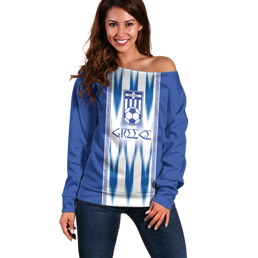 Greece National Football Custom Off Shoulder Sweater Greek Key Sporty Style