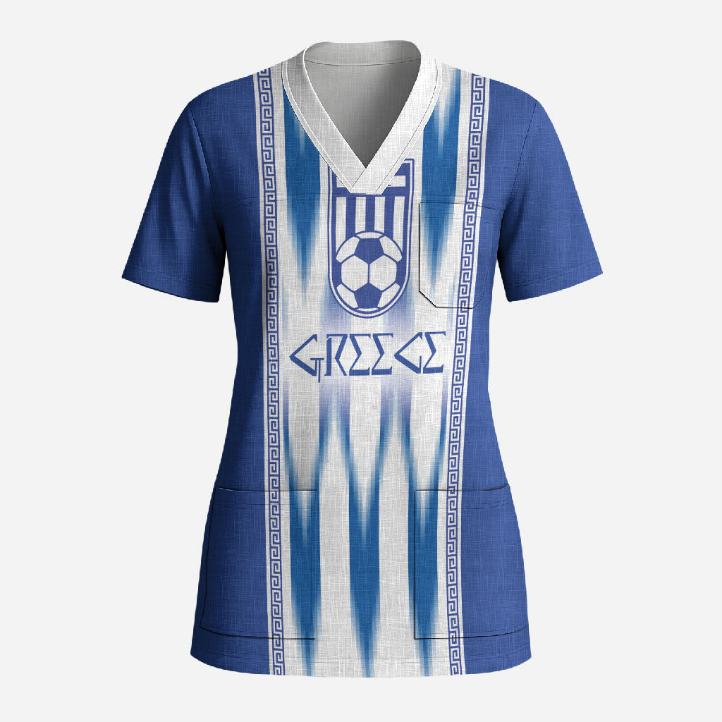 Greece National Football Custom Scrub Top Greek Key Sporty Style