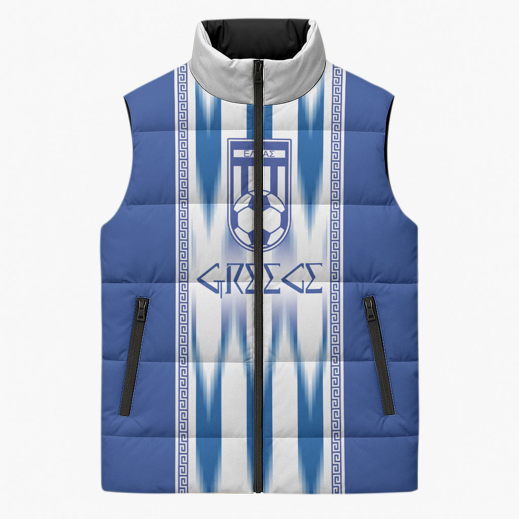 Greece National Football Custom Sleeveless Puffer Jacket Greek Key Sporty Style