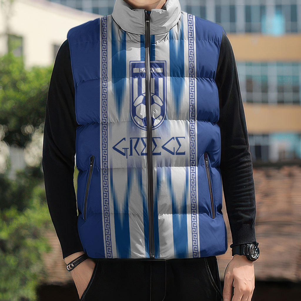 Greece National Football Custom Sleeveless Puffer Jacket Greek Key Sporty Style