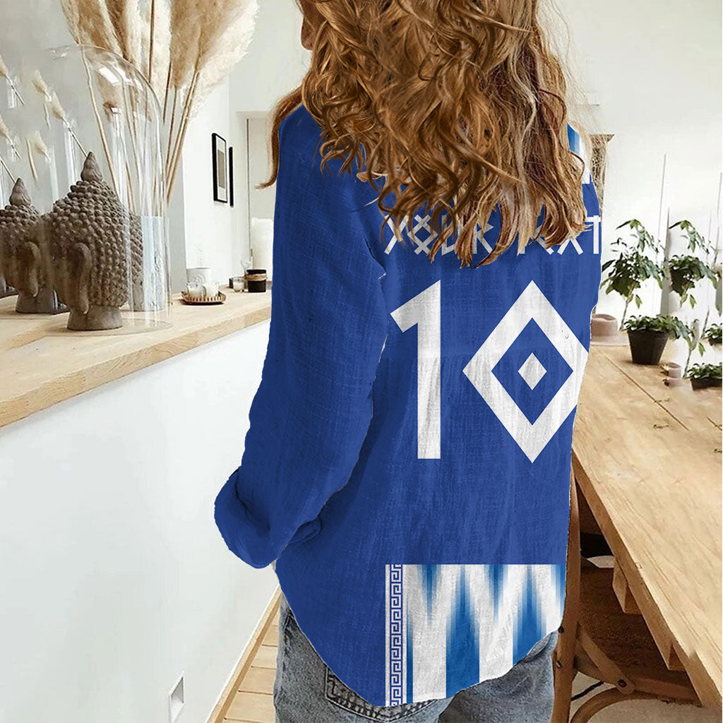 Greece National Football Custom Women Casual Shirt Greek Key Sporty Style