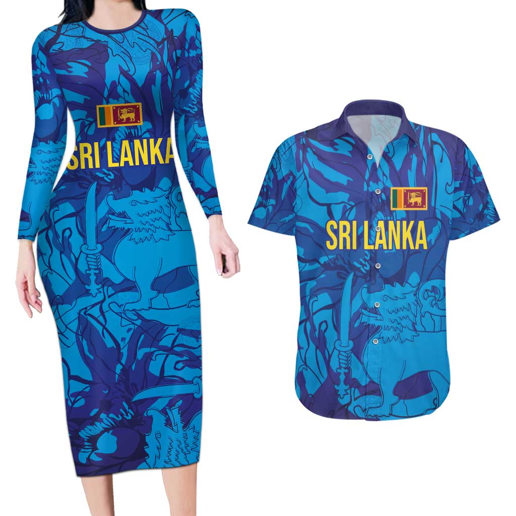 Custom Sri Lanka Cricket Royal Blue Warrior Couples Matching Long Sleeve Bodycon Dress and Hawaiian Shirt