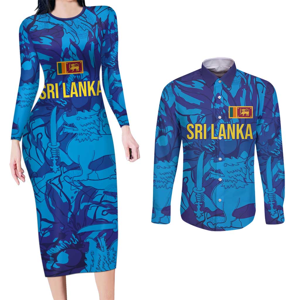Custom Sri Lanka Cricket Royal Blue Warrior Couples Matching Long Sleeve Bodycon Dress and Long Sleeve Button Shirt